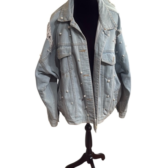 DAVI & DANI Pearl Embellished Oversized Distressed Denim Jacket - Picture 2 of 5